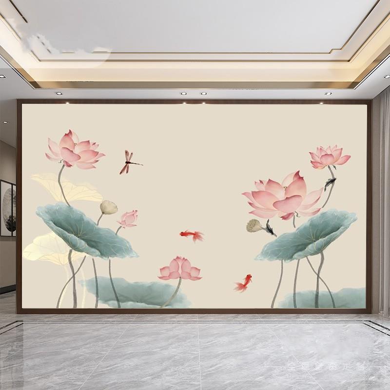 新款直销新中式墙纸客厅电视背景墙壁纸淡雅卧室沙发壁画工笔荷花