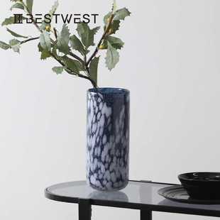 新款直销博西家居蓝色大理石鹅卵石直筒柱状水培玻璃花瓶家居花器