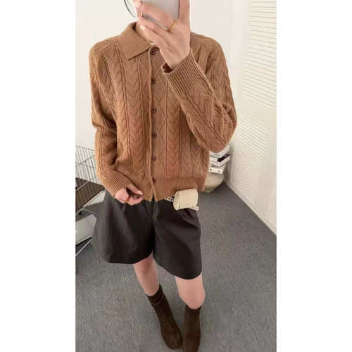 【麻花翻领】秋冬新款女士洋气百搭翻领麻花面长袖针织开衫x1670