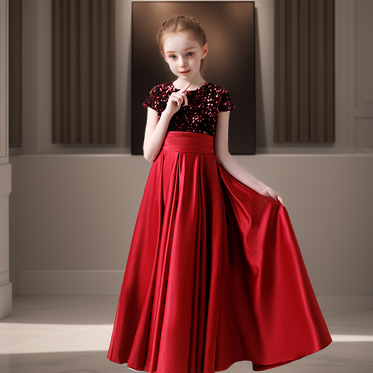 初中生胖女童鲜红色亮片礼服裙短袖高端缎面中大童主持演出服长裙,童装/婴儿装/亲子装,儿童礼服,淘宝优惠券,粉丝福利购,淘宝优惠卷