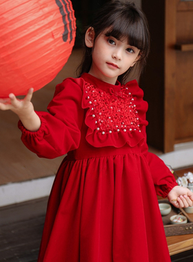 淘猪正品儿童公主裙洛丽塔女童红色新年裙子中国风过年秋冬连衣裙