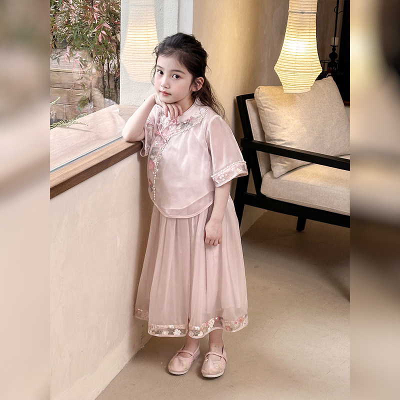 淘猪正品国风女童连衣裙粉色新中式女孩古筝表演新款夏装汉服套装