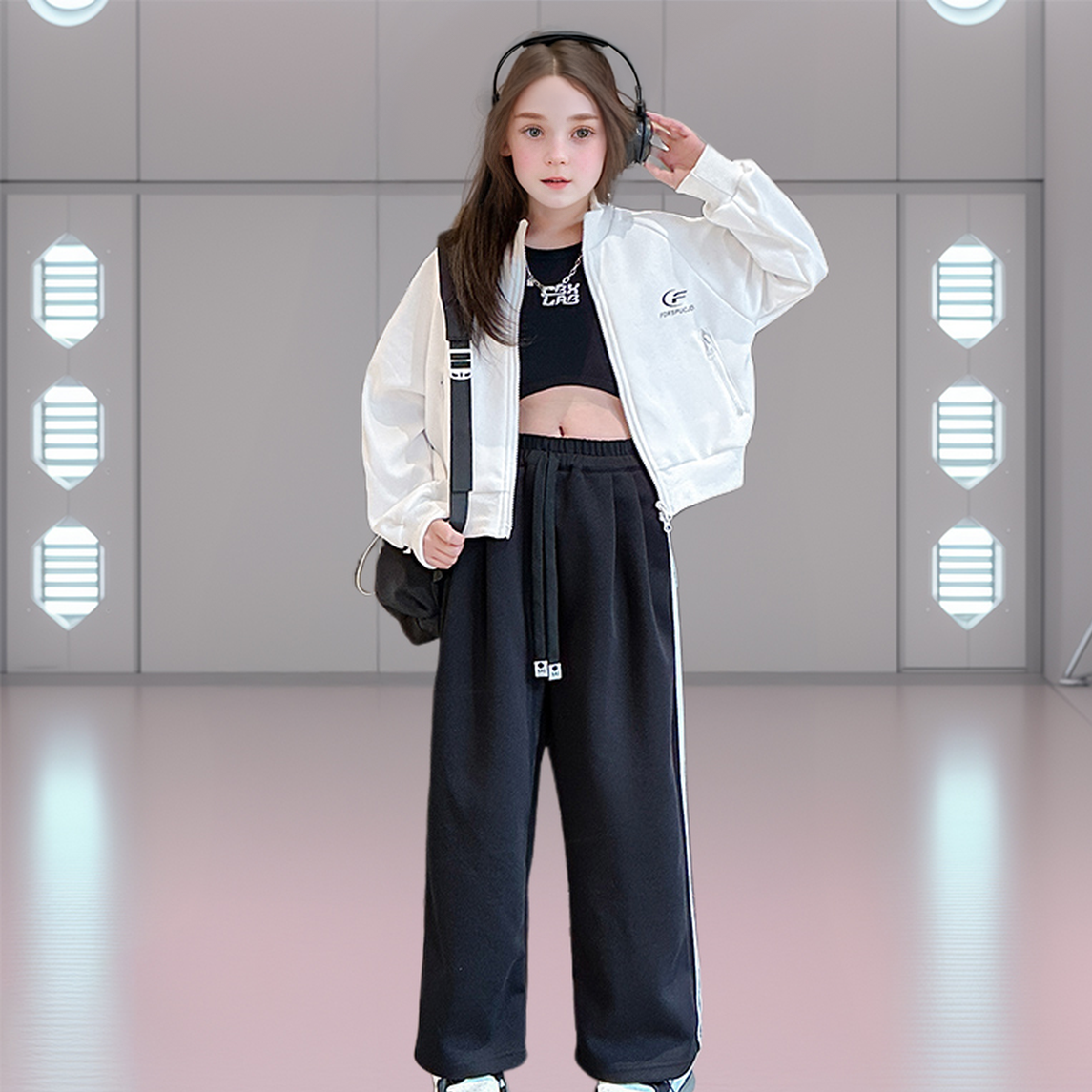 女童运动套装白色外套黑色裤子中大童10岁初中生洋气时髦两件套衫