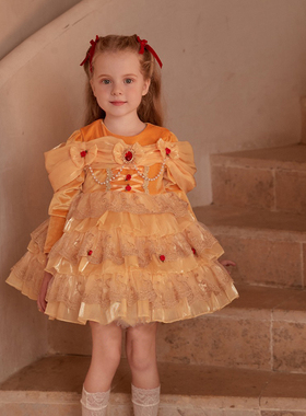 女童贝尔连衣裙儿童走秀连衣裙洛丽塔华丽贝儿公主裙生日黄色裙子