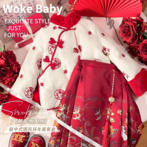 红色织金国风高级汉服加绒刺绣马面裙分体两件套女孩裙子棉衣外套