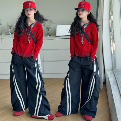 女童春秋红色上衣中大童套装