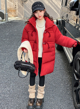 中大童红色中长款棉服中式盘扣连帽保暖宽松加厚外套女孩过年棉袄