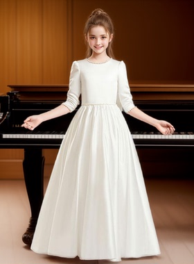 2026新款女童白色晚礼服订制儿童生日婚礼花童钢琴演奏缎面公主裙