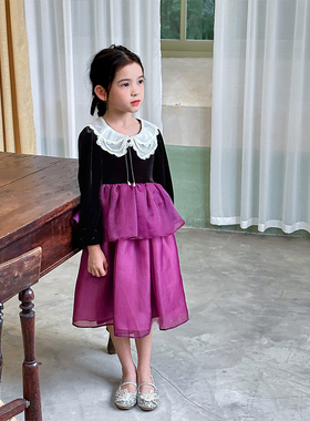 女童紫色连衣裙丝绒高端生日裙子万圣节圣诞礼服裙中大童公主裙秋
