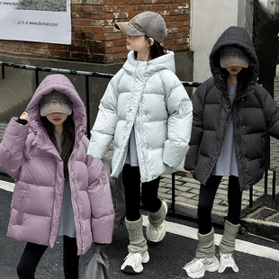 女童冬季羽绒服中大童蓝色黑色紫色白鸭绒连帽外套加厚保暖面包服