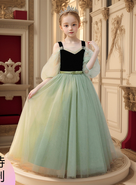儿童礼服绿色礼裙女童生日公主裙安娜花童主持人钢琴演出服连衣裙