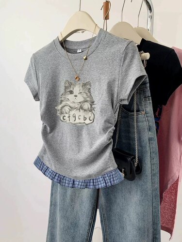 夏季猫咪印花短款纯棉T恤女