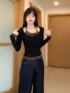 美式复古豹纹拼接假两件挂脖长袖T恤女初春修身显瘦辣妹短款上衣