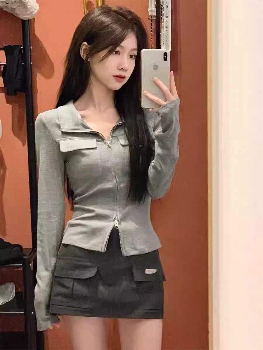 美式复古辣妹灰色双拉链polo领