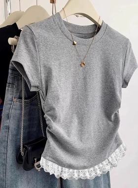 灰色纯棉蕾丝边短袖t恤女夏季2025新款短款正肩修身显瘦体恤上衣