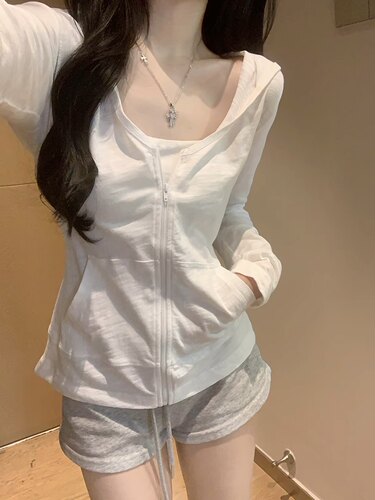 白色雪花棉连帽防晒衫开衫外套女夏薄款独特漂亮掐腰长袖T恤上衣