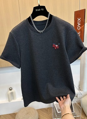 红色短袖圆领小马刺绣T恤2026春秋新款宽松磨毛休闲百搭打底上衣