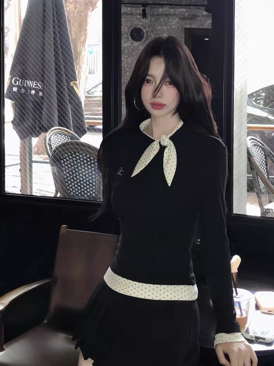 韩系蝴蝶结波点假两件长袖t恤女春秋内搭修身显瘦打底衫黑色上衣