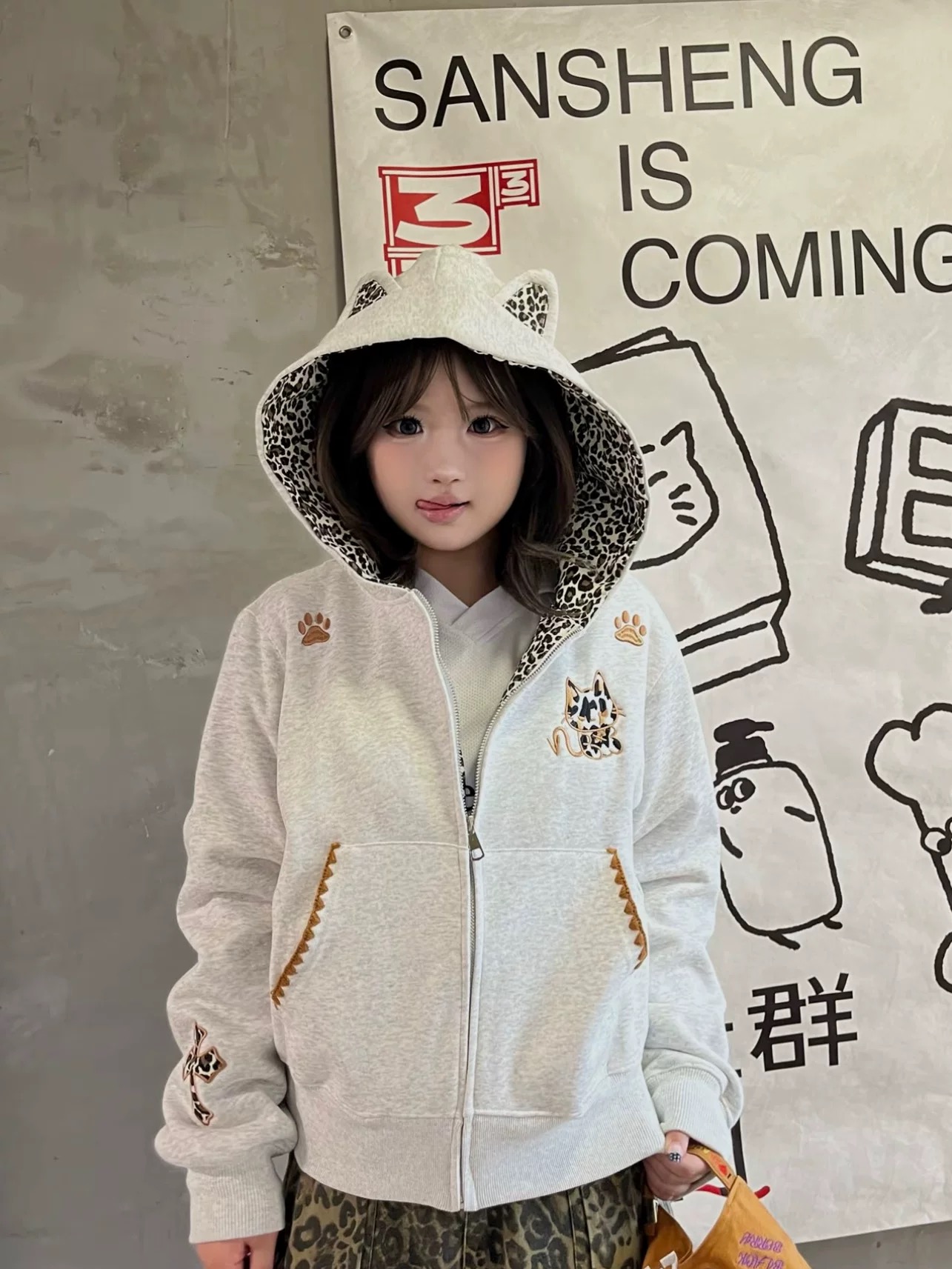 美式复古豹纹连帽卫衣情侣秋冬立耳设计宽松拉链开衫加绒加厚外套