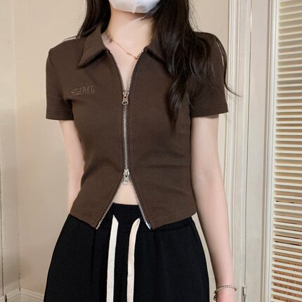 夏季Polo领正肩T恤女美式复古设计感小众双拉链修身短款短袖上衣