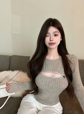 设计感拉链镂空长袖圆领针织衫上衣女秋冬季性感辣妹修身短款磨毛
