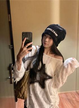 美式复古设计感破洞露肩长袖T恤罩衫女秋宽松抽绳绑带打底衫上衣