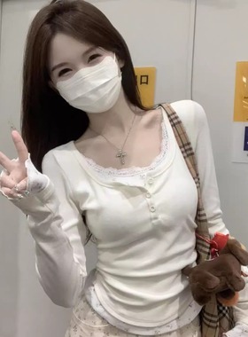 法式蕾丝碎花拼接T恤女2025春秋新款修身显瘦假两件辣妹chic上衣