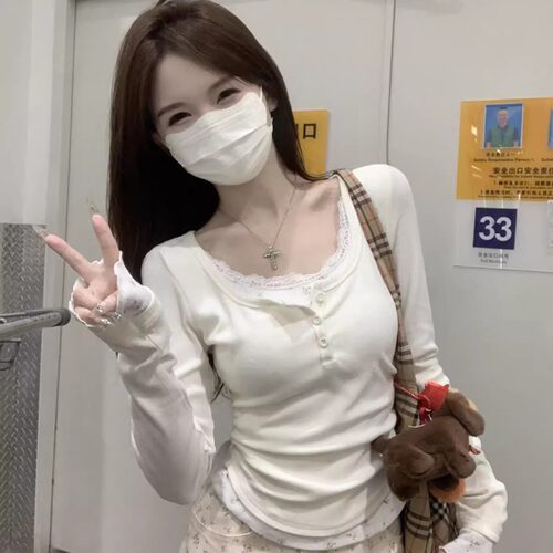 法式蕾丝碎花拼接T恤女2025春秋新款修身显瘦假两件辣妹chic上衣