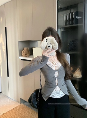 纯欲风假两件蕾丝长袖T恤女2026春秋新款修身显瘦内搭打底衫上衣