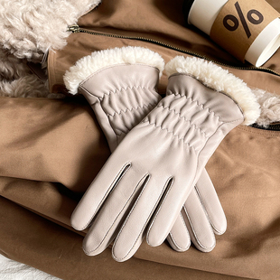 真皮手套女士秋冬季羊羔绒拼接羊皮手套女皮手套女加厚保暖抗寒潮