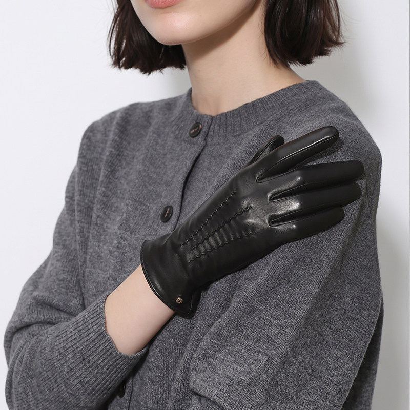 触屏真皮手套女士冬天加厚中长款羊皮皮手套女冬季保暖皮手套女