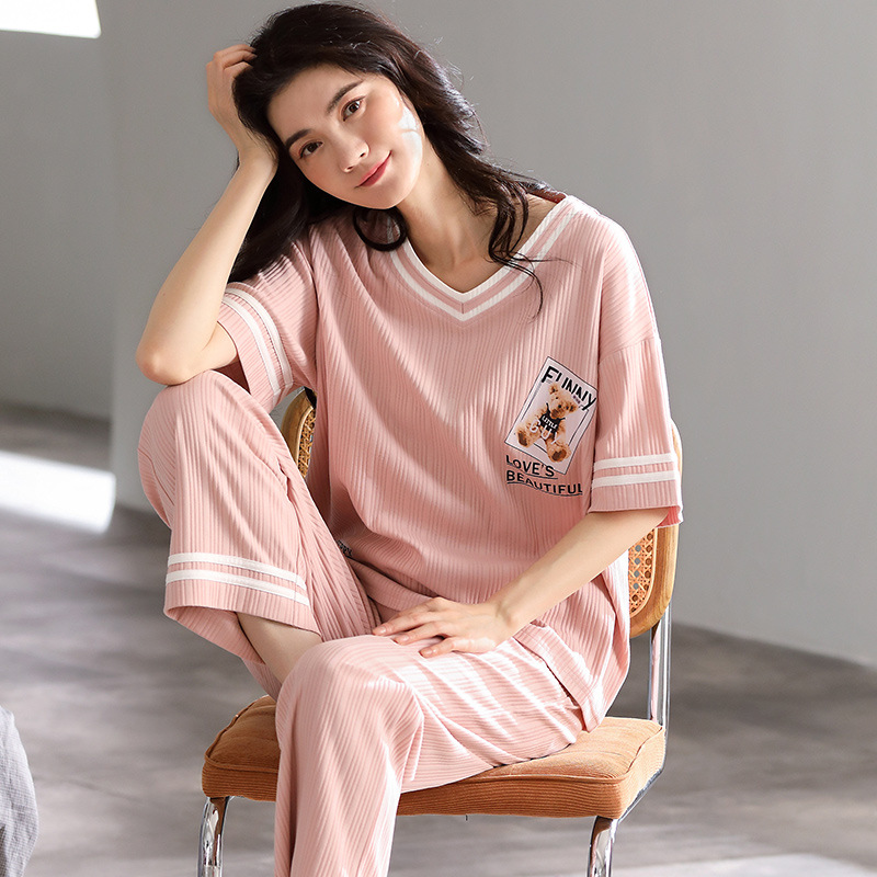 短袖长裤睡衣女夏纯棉套装薄款简约休闲全棉半袖可外穿家居服春夏
