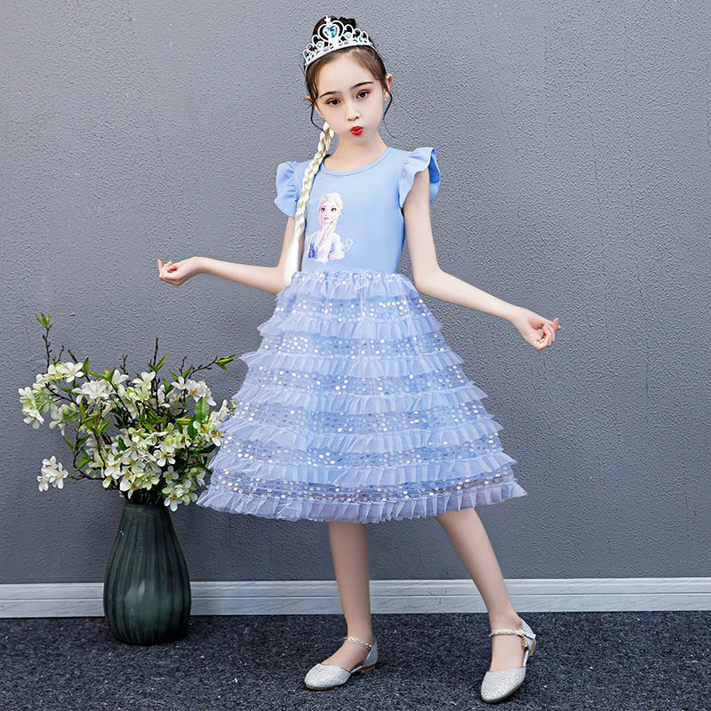 爱莎公主裙女宝宝夏款纯棉儿童粉色安娜艾莎女童蓬蓬纱连衣裙