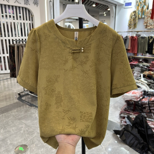 年輕媽媽裝 T恤夏季 新款 寬松顯瘦中老年上衣體恤 國風盤扣圓領短袖