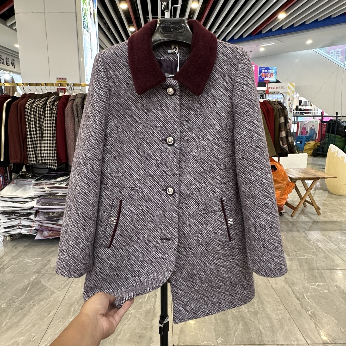 时尚妈妈装翻领撞色毛呢外套大衣