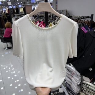 年轻妈妈夏装圆领钉珠冰丝T恤褶皱收腰显瘦刺绣蝴蝶中老年人体恤