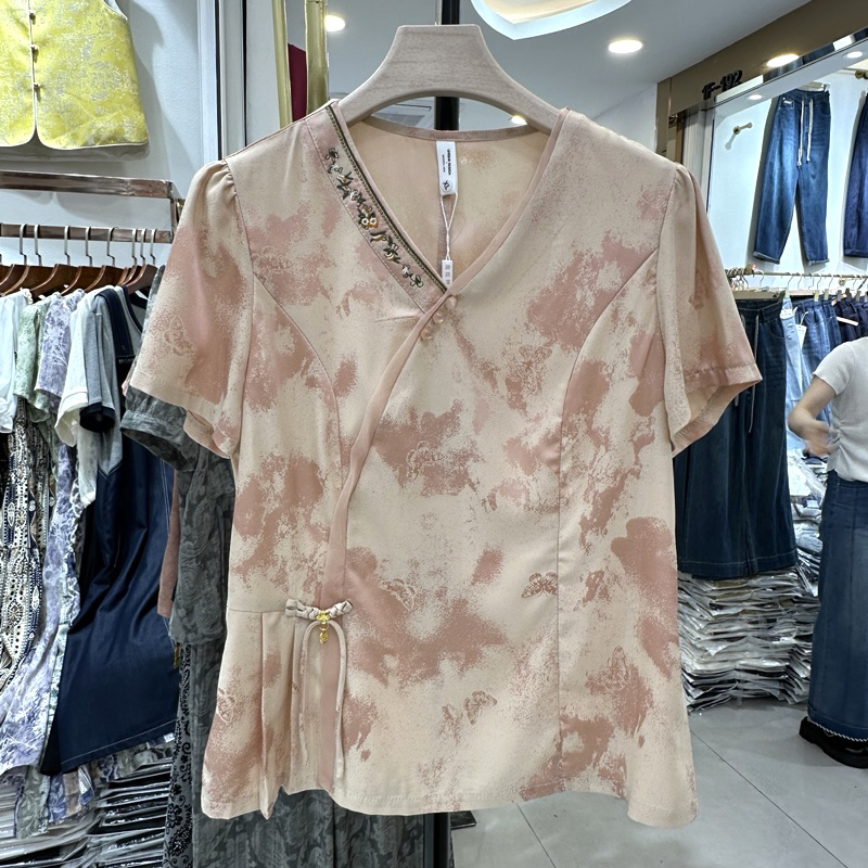 时尚妈妈装中式V领印花短袖衬衫