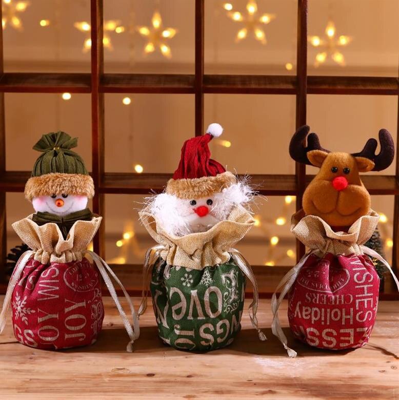christmas childrens gift bag burlap close-up apple bag