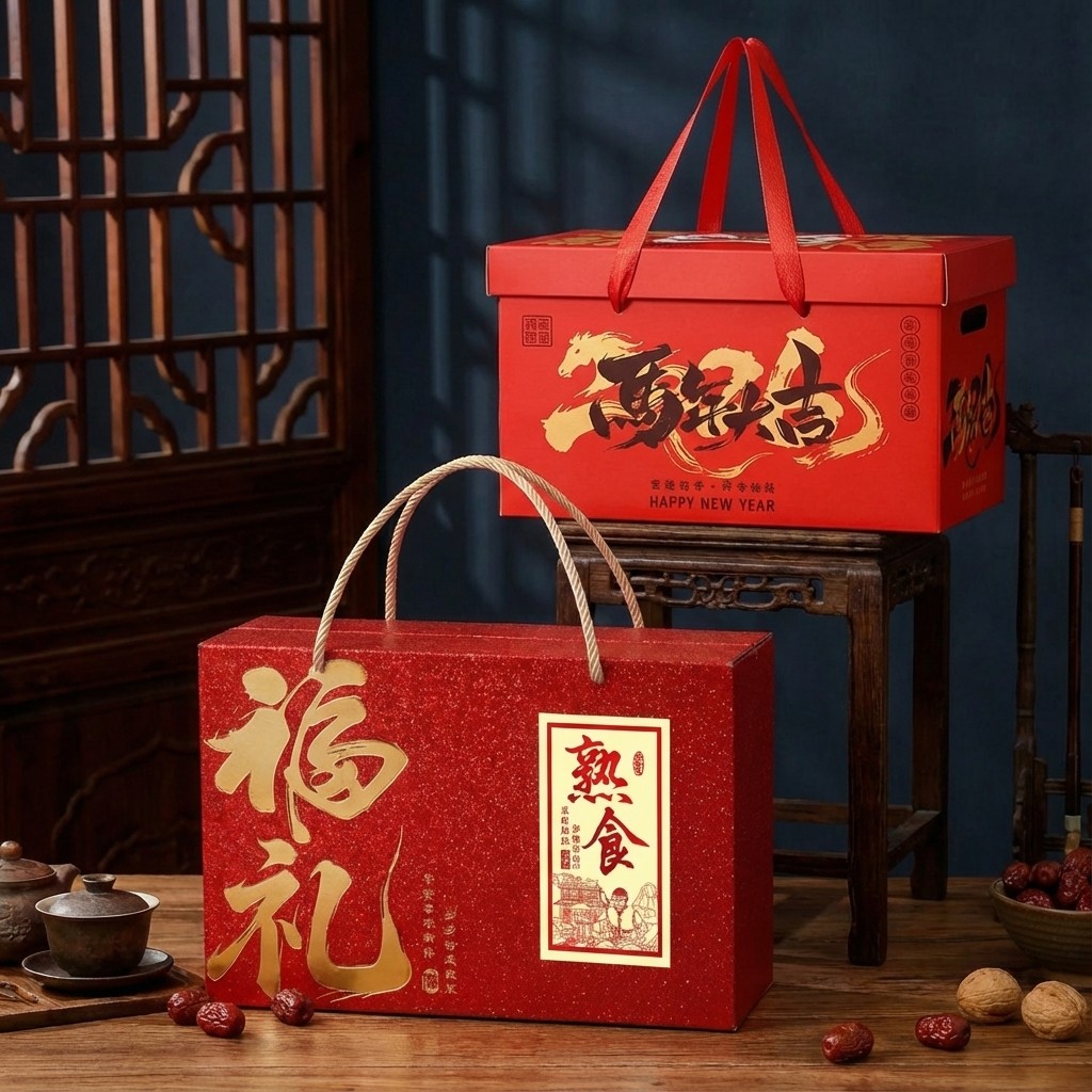 新年礼盒送礼卤味土特产坚果贺新年腊味腊肠牛肉包装空盒定制文字