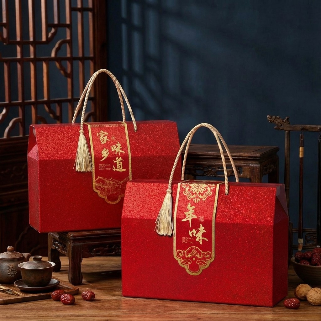 新年礼盒送礼卤味土特产坚果贺新年腊味腊肠牛肉包装空盒定制文字