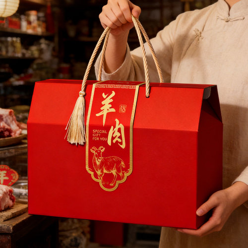 羊肉礼盒鲜猪肉包装空盒特产礼盒红色烫金流苏手提生鲜腊味盒定制