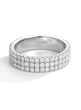 整圈满钻莫桑石戒指女925纯银镀白金排戒三排钻指圈食指环过钻笔