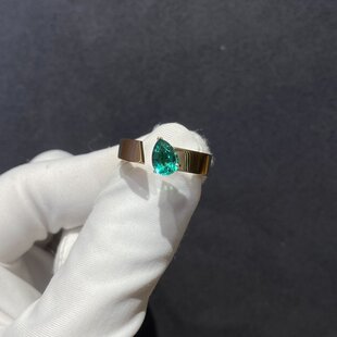 简约18K黄金60分水滴形培育祖母绿戒指女梨形合成宝石指环定制
