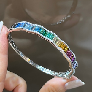 渐变色彩色宝石手镯925纯银镀白金仿蓝宝石彩虹手环手链女礼物
