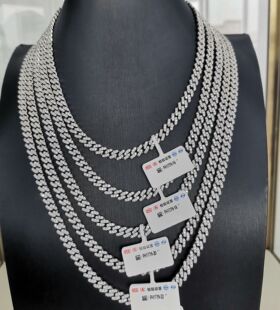 进口莫桑石项链古巴满钻纯银镀白金链子男女款欧美潮流仿钻石嘻哈