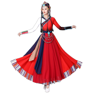 2025新款藏族服装表演出服女少数民族草原红色舞蹈服卓玛大摆长裙