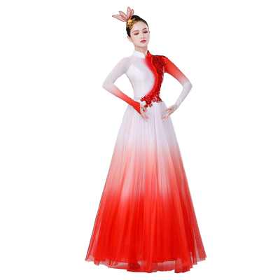 新款开场舞大摆裙演出服男女同款大合唱服万江盛开歌伴舞表演长裙