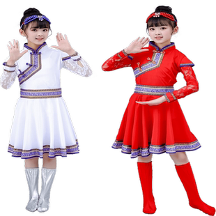 儿童新款蕾丝蒙古演出服女孩草原蒙族表演服饰鄂伦春族连衣裙套装