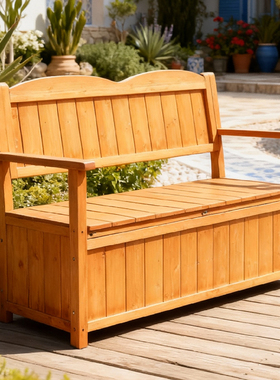 防腐木储物长椅室外靠背休闲椅子花园露天长凳子户外庭院双人座椅