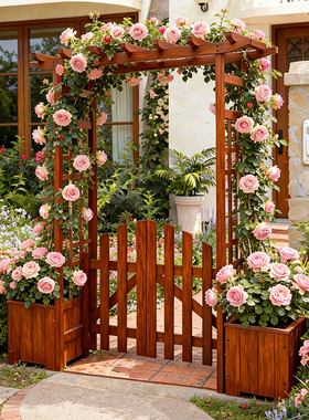 防腐木拱形花架爬藤架户外庭院花园拱门带门月季支架室外栅栏围栏